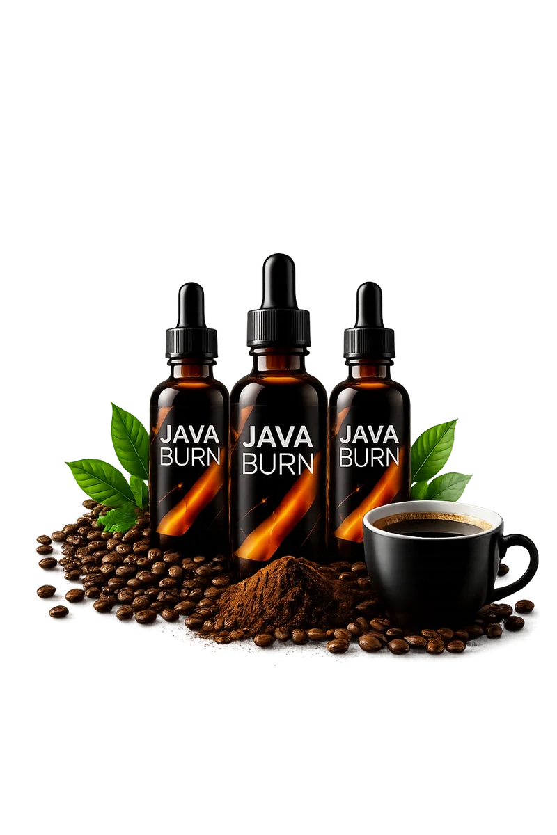 Java Burn dietary supplement bottle and box with coffee beans and leaves
